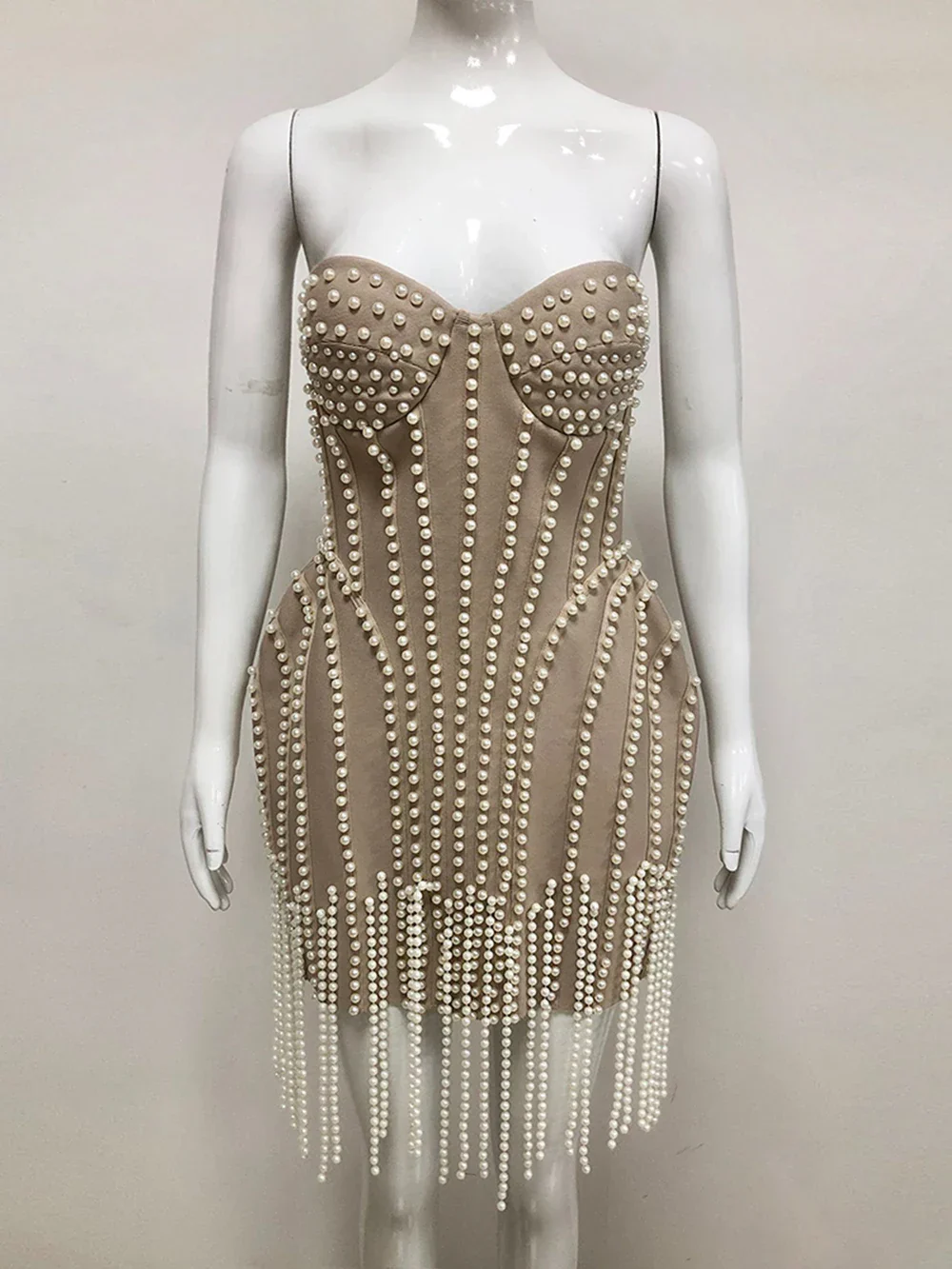 Ladies Luxury Bead Tassels Strapless Backless Design Celebrity Party Club Khaki Sleeveless Sexy Mini Bandage Dress New - Image 3