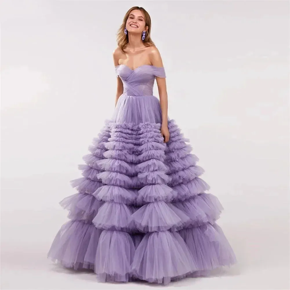 Lavender Off the Shoulder Tulle Vestidos De Noche Elegant Sleeveless Multilayer A-line Prom Dresses