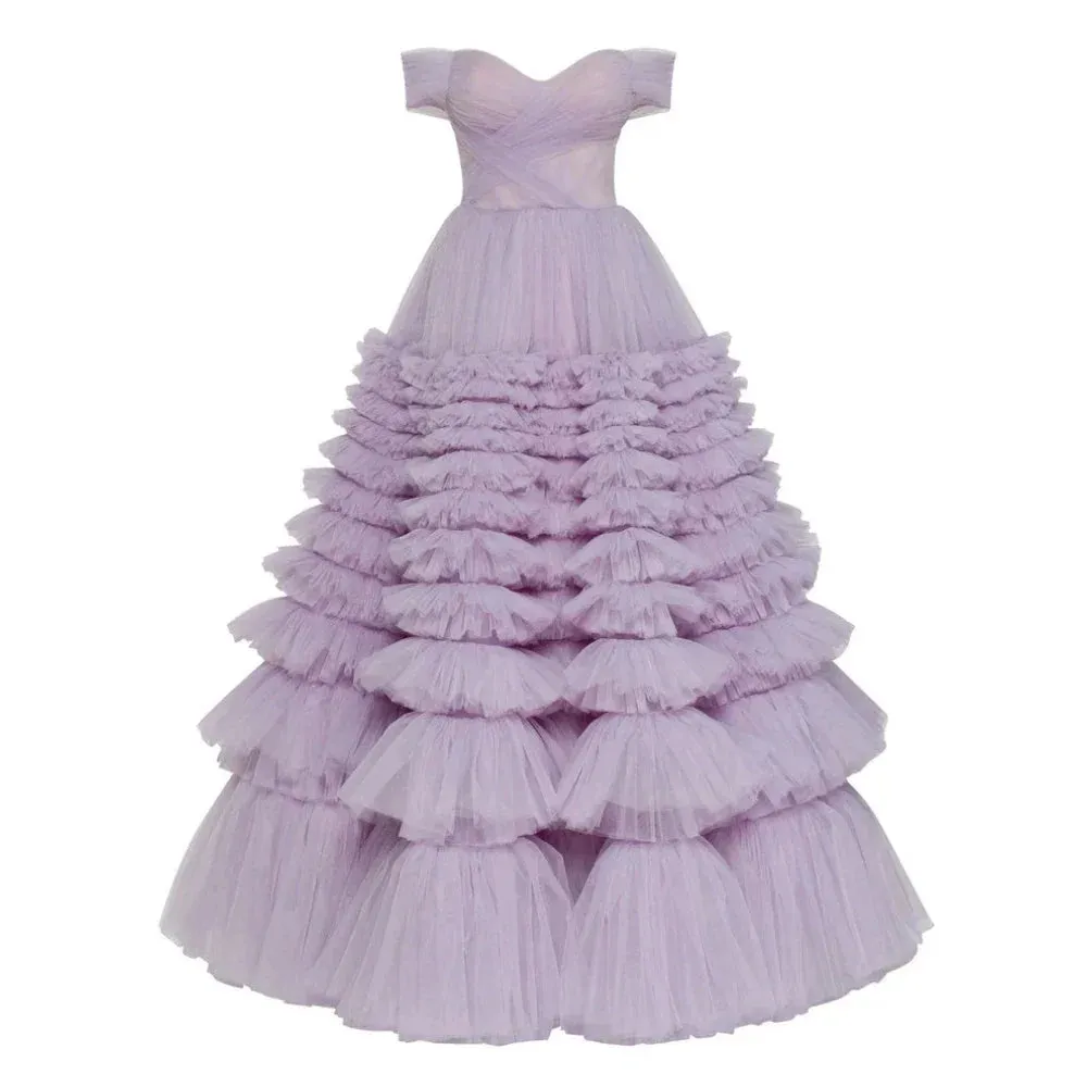 Lavender Off the Shoulder Tulle Vestidos De Noche Elegant Sleeveless Multilayer A-line Prom Dresses - Image 3