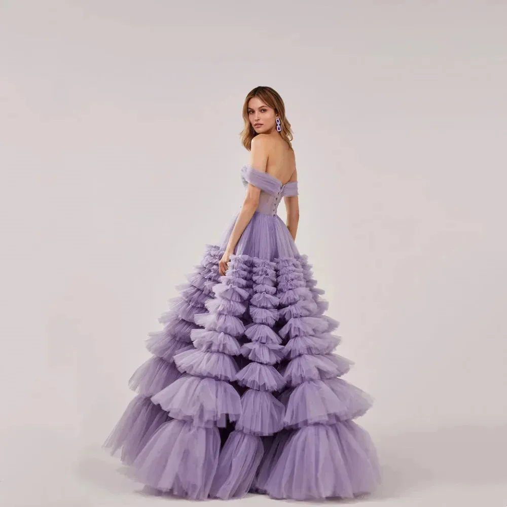 Lavender Off the Shoulder Tulle Vestidos De Noche Elegant Sleeveless Multilayer A-line Prom Dresses - Image 4