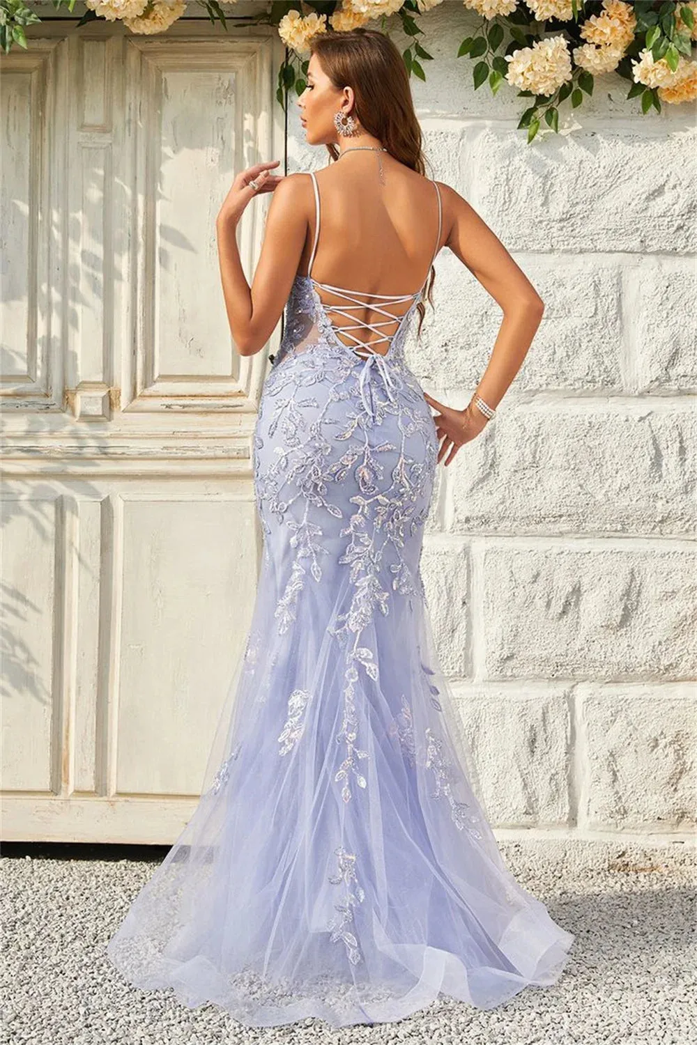 Lavender Sexy Backless Mermaid Prom Dress Spaghetti Strap vestidos de fiesta Lace Embroidery Tulle Evening Dress - Image 2