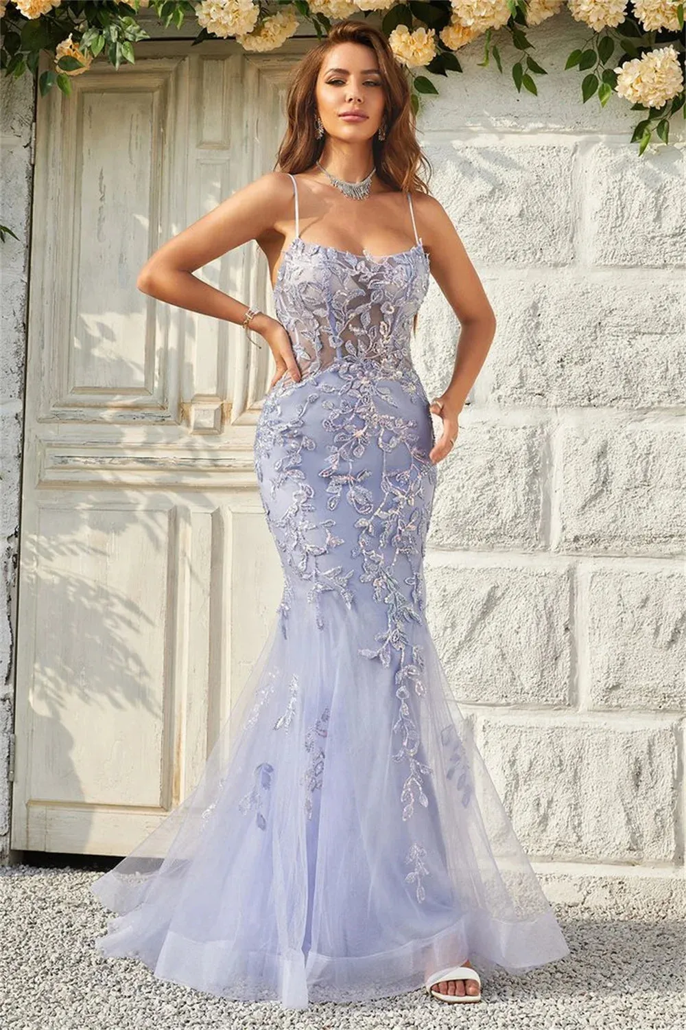 Lavender Sexy Backless Mermaid Prom Dress Spaghetti Strap vestidos de fiesta Lace Embroidery Tulle Evening Dress - Image 3