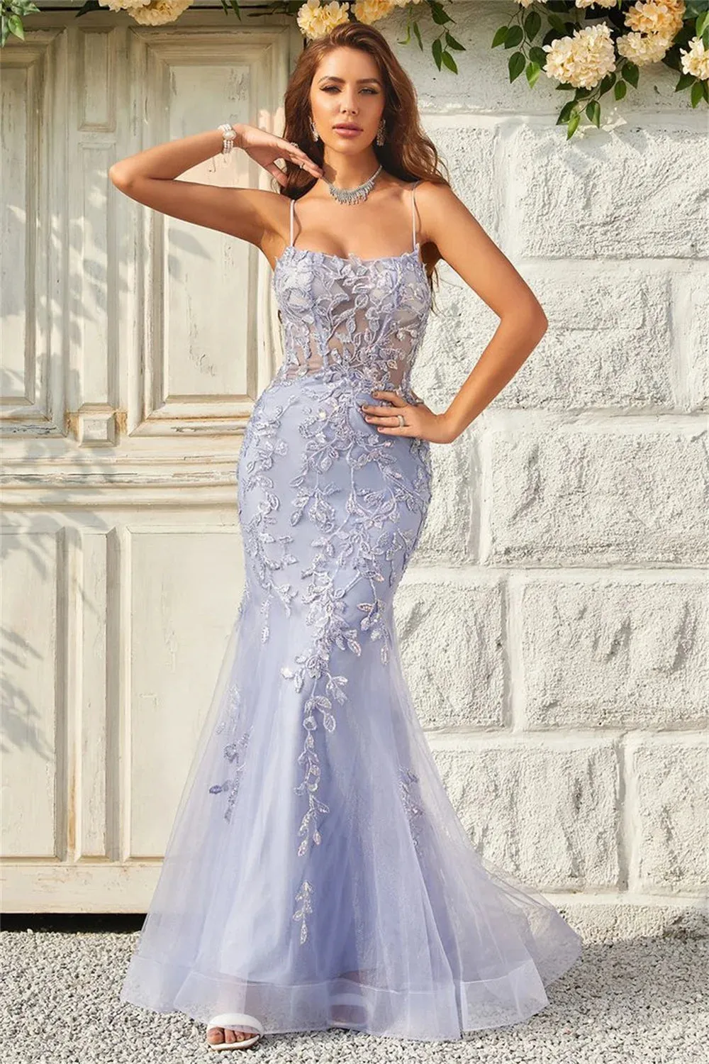Lavender Sexy Backless Mermaid Prom Dress Spaghetti Strap vestidos de fiesta Lace Embroidery Tulle Evening Dress - Image 4