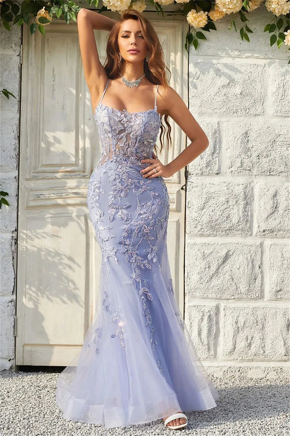 Lavender Sexy Backless Mermaid Prom Dress Spaghetti Strap vestidos de fiesta Lace Embroidery Tulle Evening Dress - Image 5