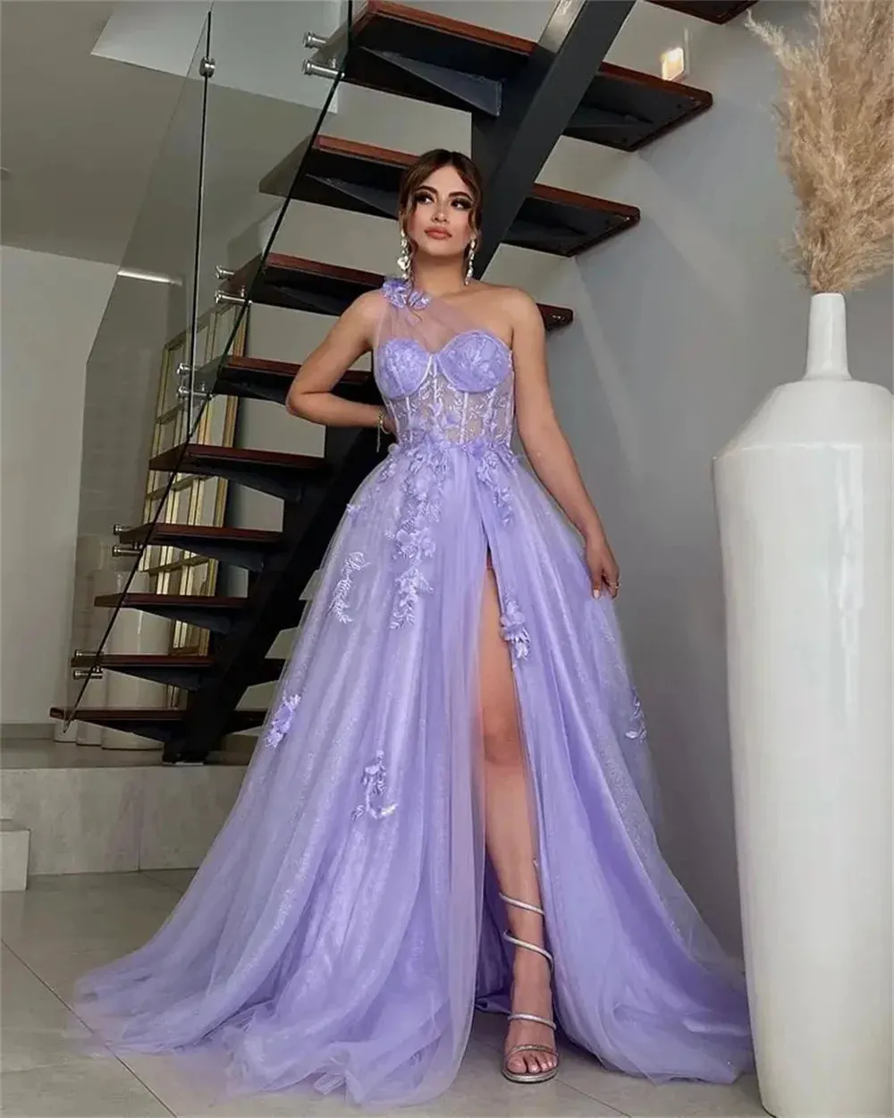 Lavender Tulle Prom Dresses One Shoulder A-line Wedding Dress Elegant Sleeveless Floor-Length Split Vestidos De Fiesta - Image 2