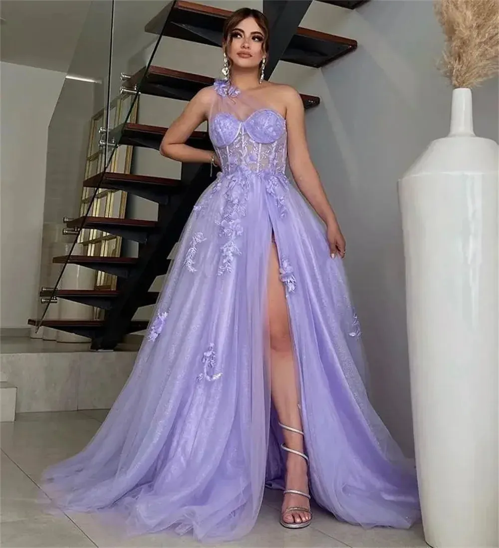 Lavender Tulle Prom Dresses One Shoulder A-line Wedding Dress Elegant Sleeveless Floor-Length Split Vestidos De Fiesta - Image 5