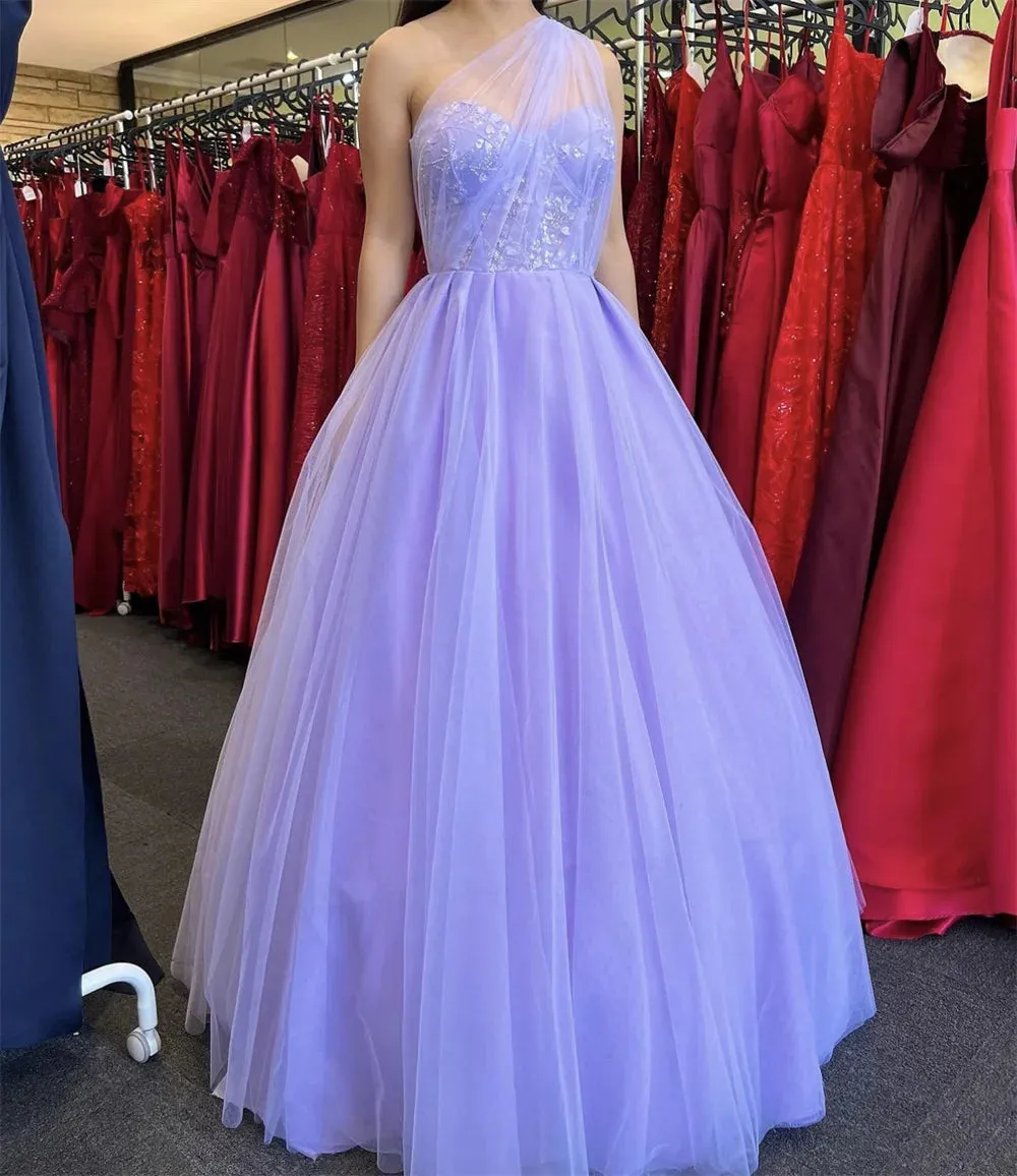 Lavender Tulle Prom Dresses One Shoulder A-line Wedding Dress Elegant Sleeveless Floor-Length Vestidos De Fiesta - Image 3