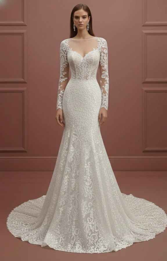 Long Petite Sleeve Wedding Dress Adjusted Fit Lace Elegant - Image 2