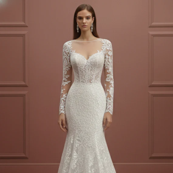 Long Petite Sleeve Wedding Dress Adjusted Fit Lace Elegant - Image 4