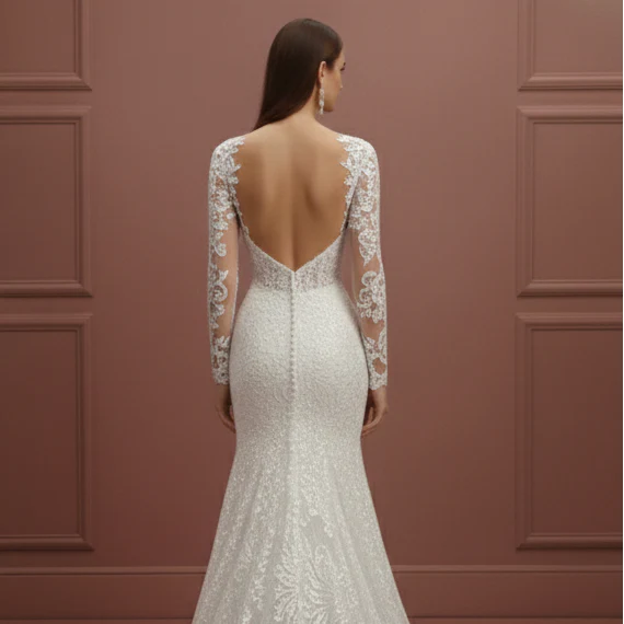 Long Petite Sleeve Wedding Dress Adjusted Fit Lace Elegant - Image 5