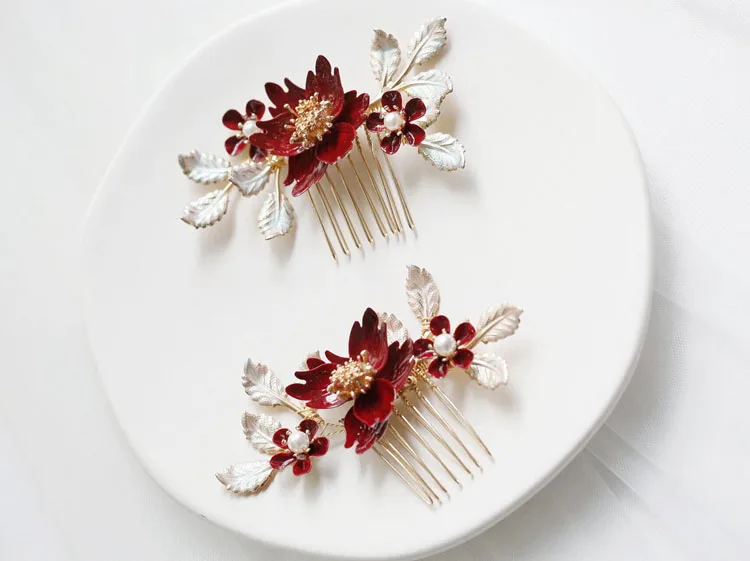 Leaf Hairpin Red Flower Hair Comb Clips Brides Bridesmaids Gold Color Head Pieces Headdress Wedding Accessories Bridal Jewelry - Image 2