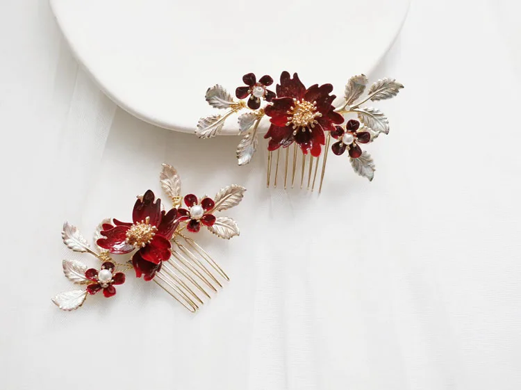 Leaf Hairpin Red Flower Hair Comb Clips Brides Bridesmaids Gold Color Head Pieces Headdress Wedding Accessories Bridal Jewelry - Image 4