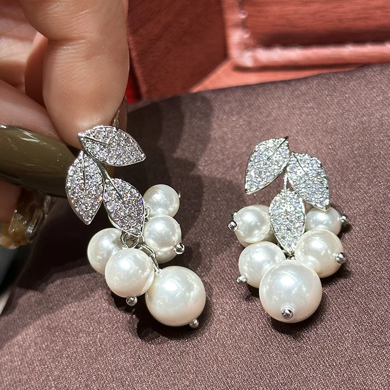 Leaf Pearl Zircon Bridal Earrings Silver Color Zirconia Wedding Earring For Brides Bridesmaids Accessories Women Gift Jewelry - Image 2