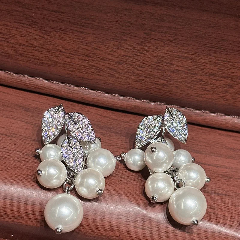 Leaf Pearl Zircon Bridal Earrings Silver Color Zirconia Wedding Earring For Brides Bridesmaids Accessories Women Gift Jewelry - Image 3