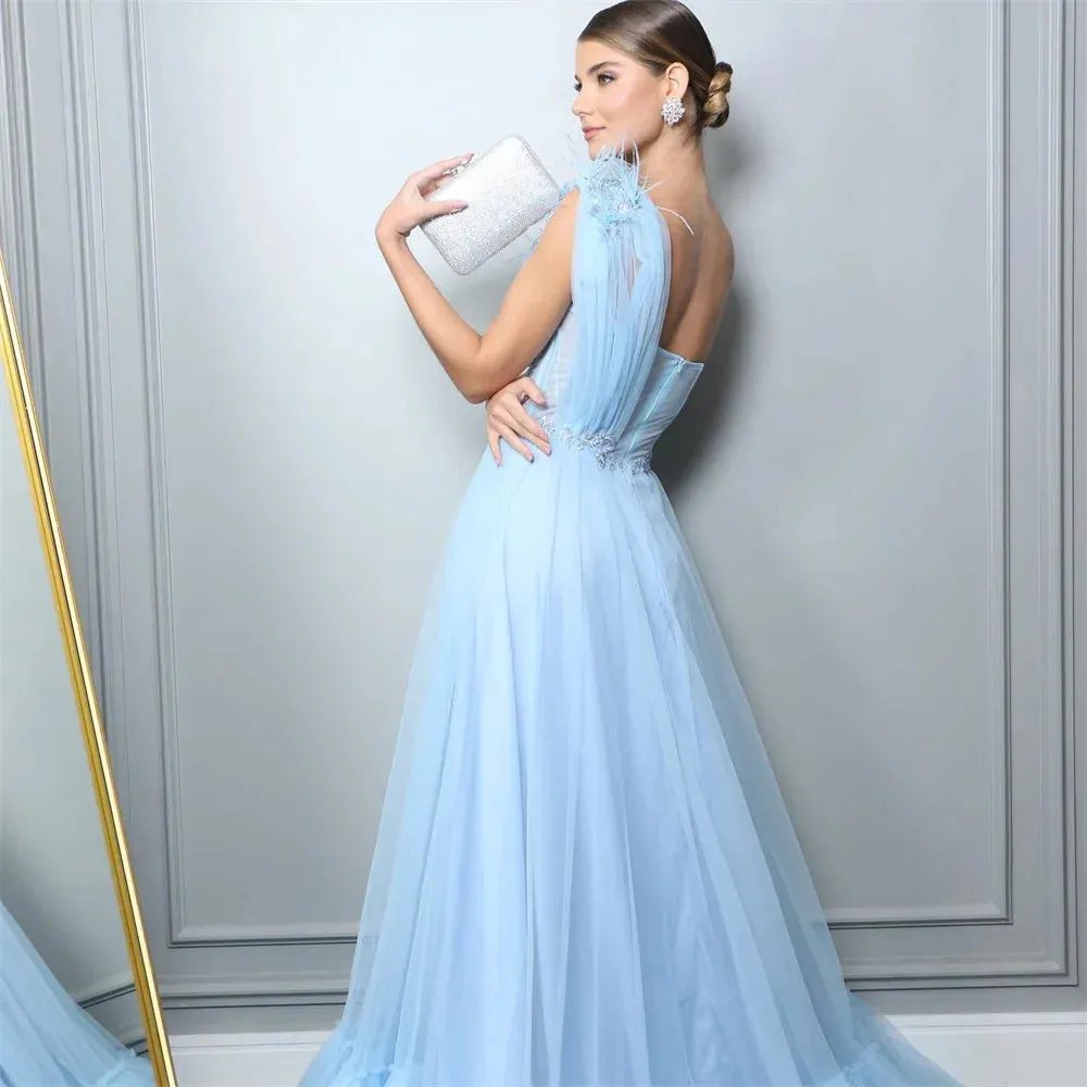 Light Blue One Shoulder Prom Dresses Feathers A-line Vestidos De Fiesta Sleeveless Lace Embroidery Tulle Party Dress - Image 4