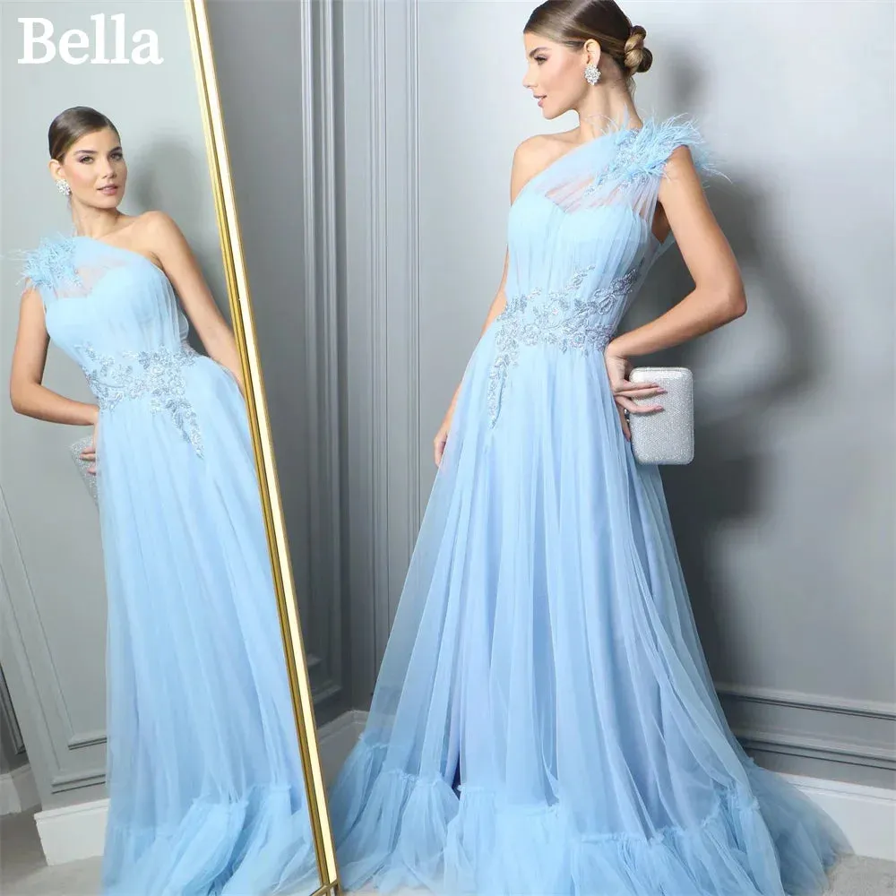 Light Blue One Shoulder Prom Dresses Feathers A-line Vestidos De Fiesta Sleeveless Lace Embroidery Tulle Party Dress - Image 8