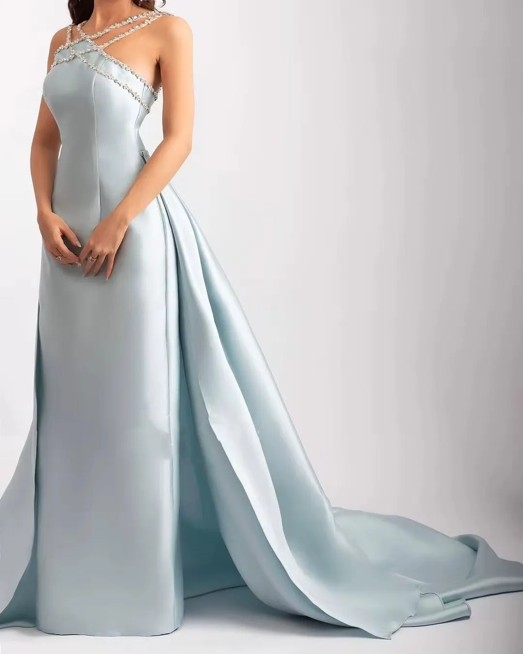 Light Blue Robes De Soirée Halter Neck Mermaid Detachable Train Prom Dresses Sleeveless Floor-length Wedding Dress - Image 3