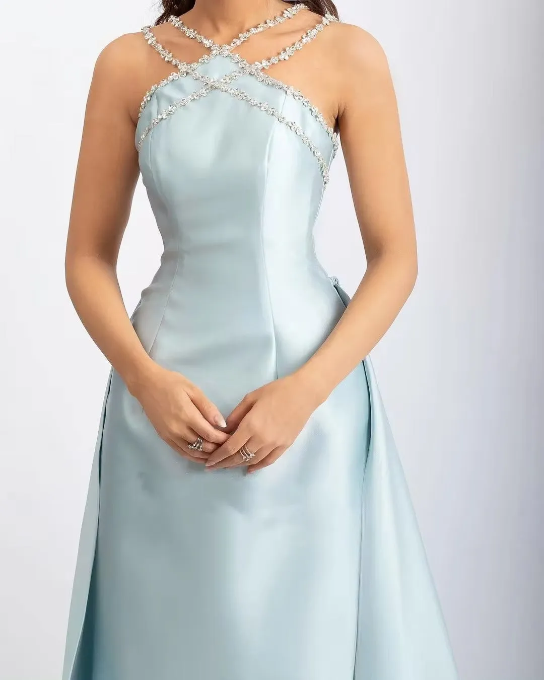 Light Blue Robes De Soirée Halter Neck Mermaid Detachable Train Prom Dresses Sleeveless Floor-length Wedding Dress - Image 4