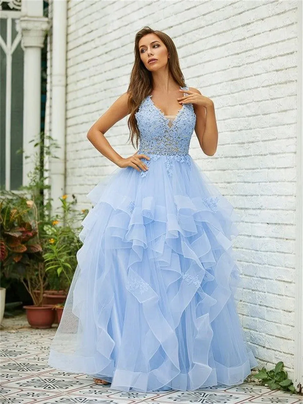 Light Blue Tulle Prom Dresses Edge Curl V-neck A-line Wedding Dress Lace Embroidery Floor-Length Vestidos De Fiesta - Image 3