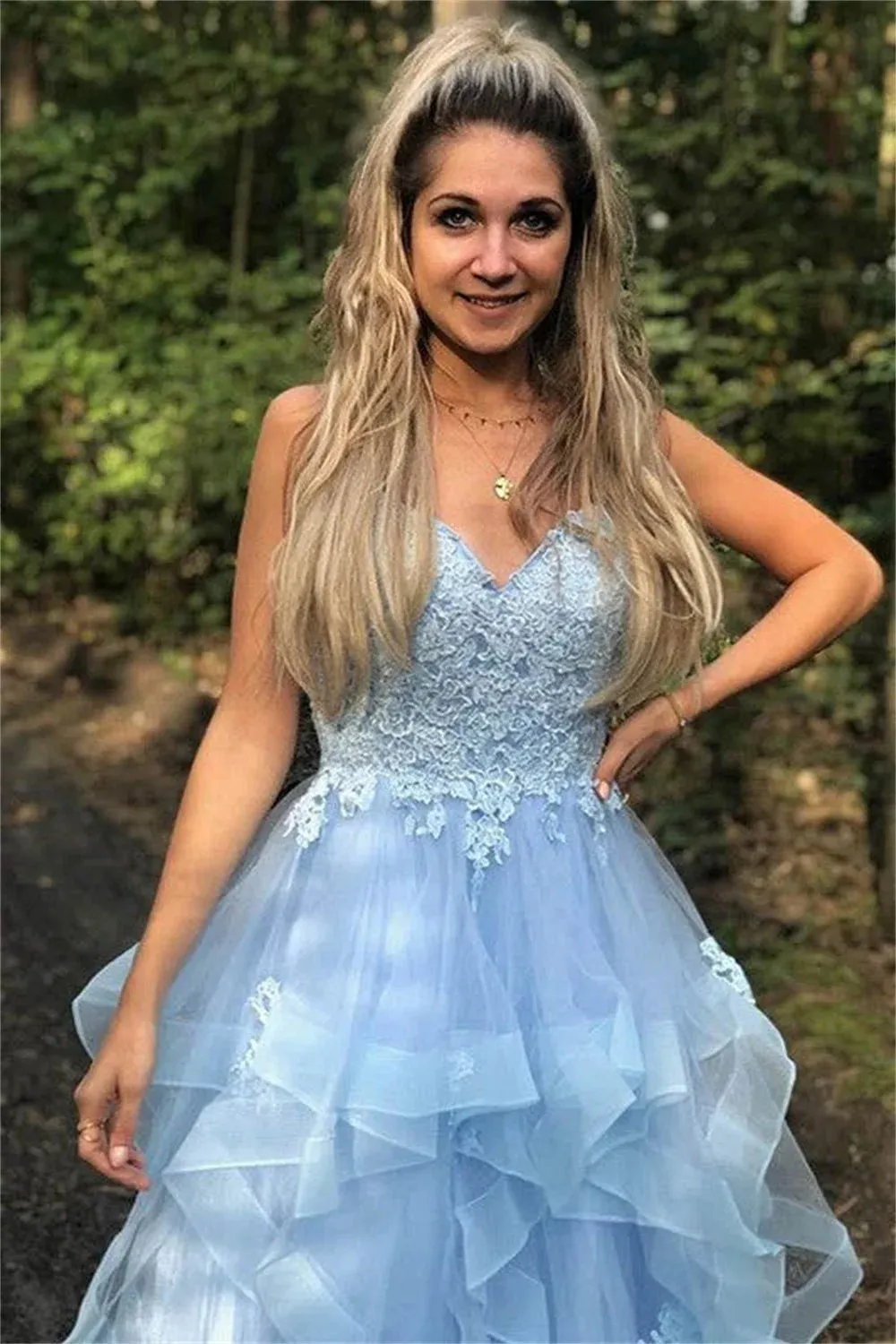 Light Blue Tulle Prom Dresses Edge Curl V-neck A-line Wedding Dress Lace Embroidery Floor-Length Vestidos De Fiesta - Image 4