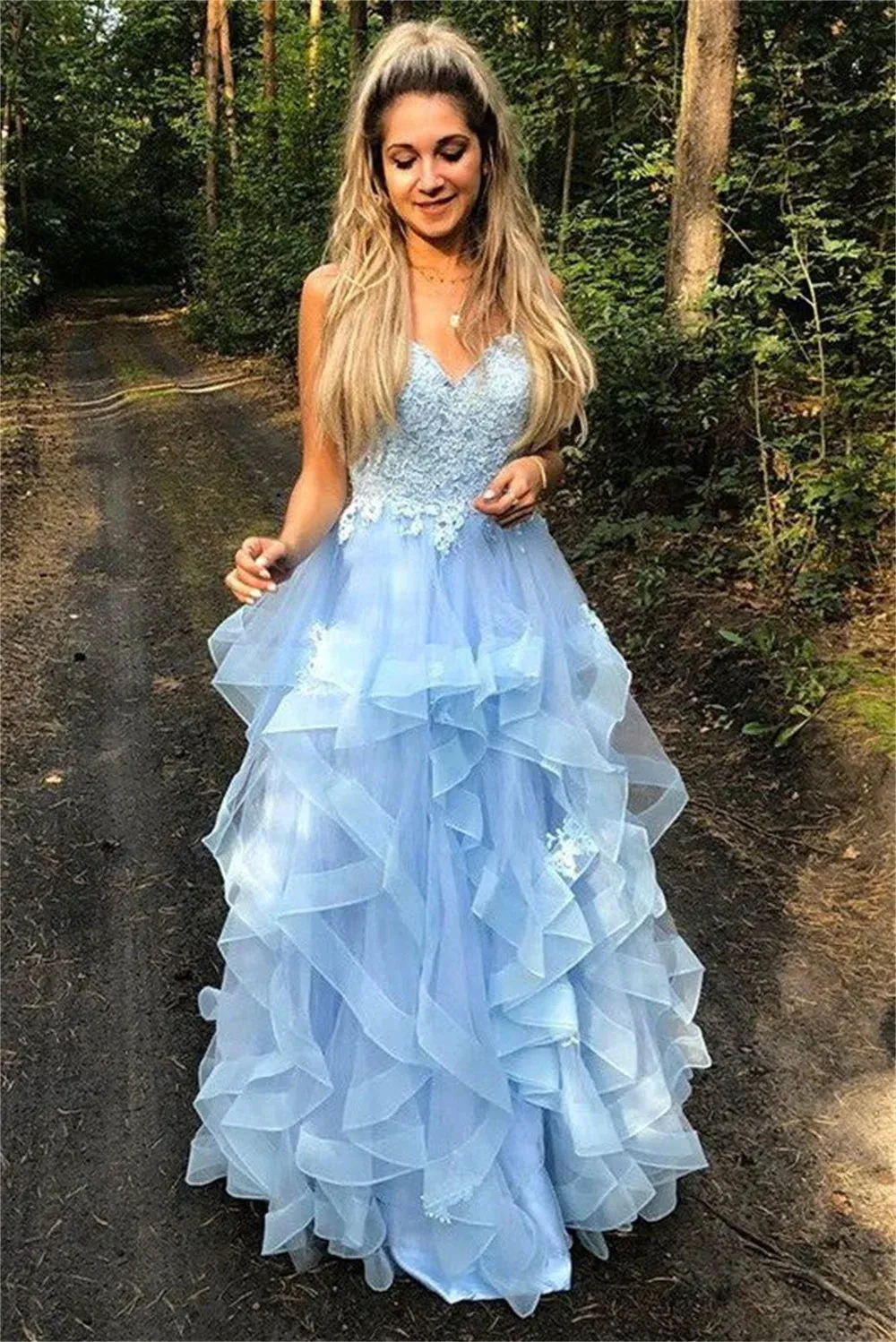 Light Blue Tulle Prom Dresses Edge Curl V-neck A-line Wedding Dress Lace Embroidery Floor-Length Vestidos De Fiesta - Image 5