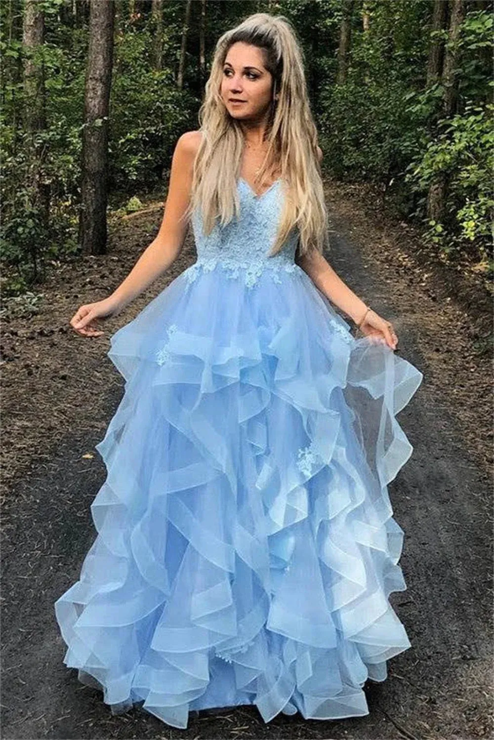 Light Blue Tulle Prom Dresses Edge Curl V-neck A-line Wedding Dress Lace Embroidery Floor-Length Vestidos De Fiesta - Image 6