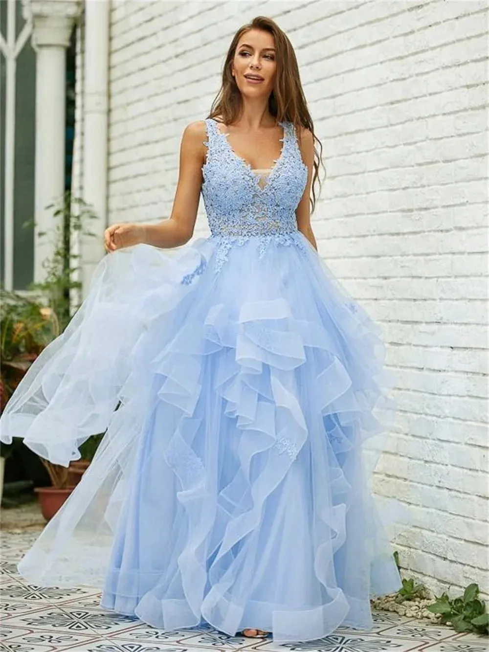 Light Blue Tulle Prom Dresses Edge Curl V-neck A-line Wedding Dress Lace Embroidery Floor-Length Vestidos De Fiesta - Image 7