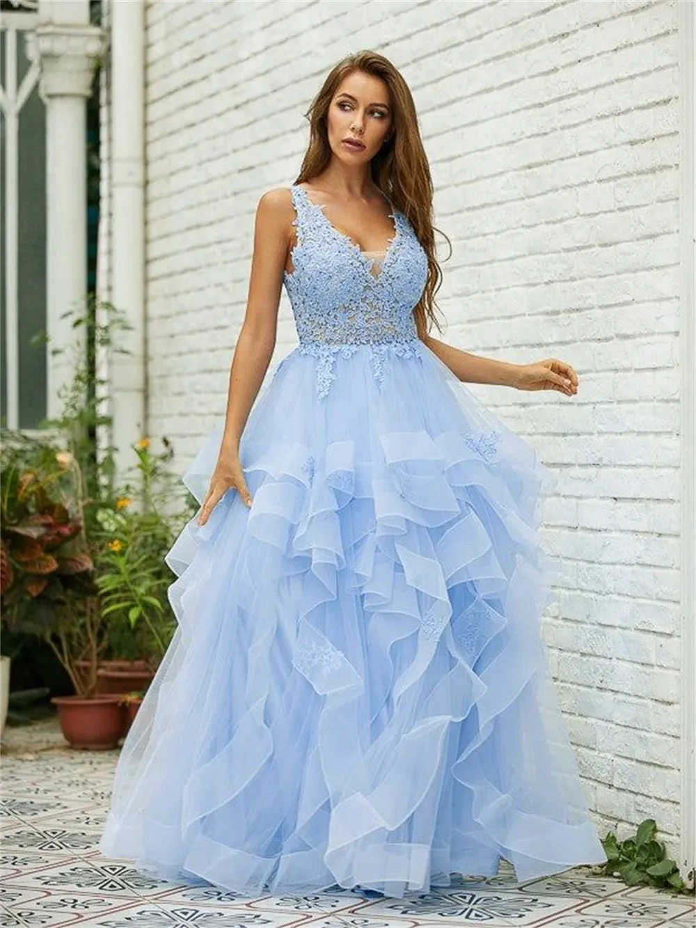 Light Blue Tulle Prom Dresses Edge Curl V-neck A-line Wedding Dress Lace Embroidery Floor-Length Vestidos De Fiesta - Image 8
