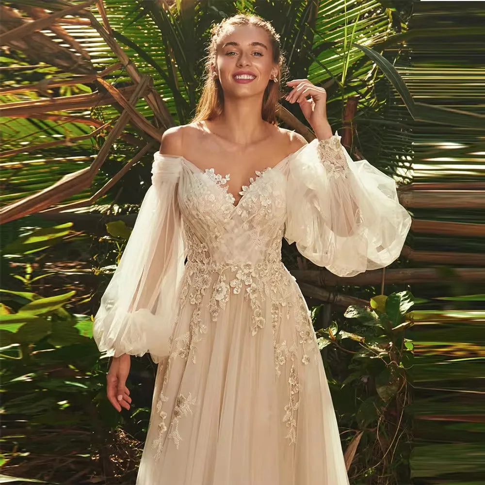 Light Champagne Wedding Dresses Pastrol Puff Long Sleeves 3D Flowers Bride Gowns A-Line Sexy Backless vestidos de novia - Image 3