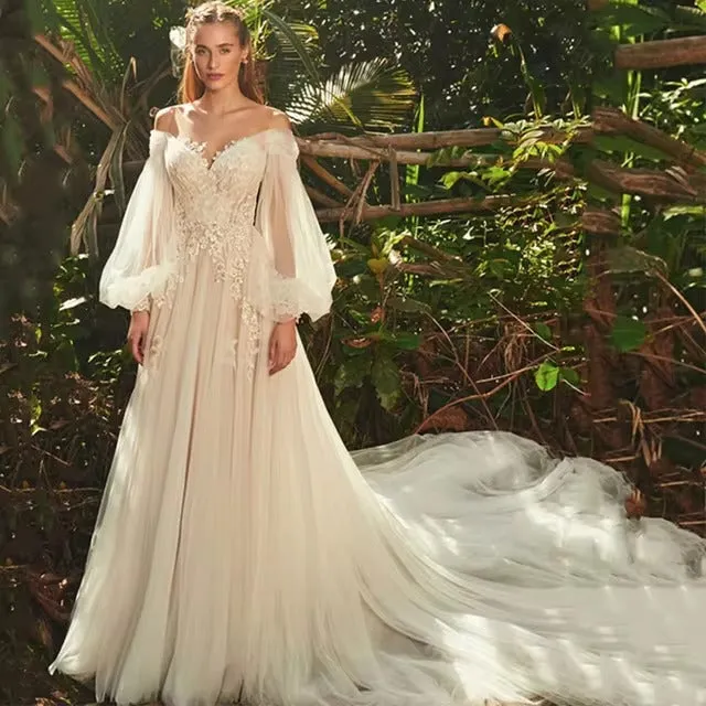 Light Champagne Wedding Dresses Pastrol Puff Long Sleeves 3D Flowers Bride Gowns A-Line Sexy Backless vestidos de novia - Image 4