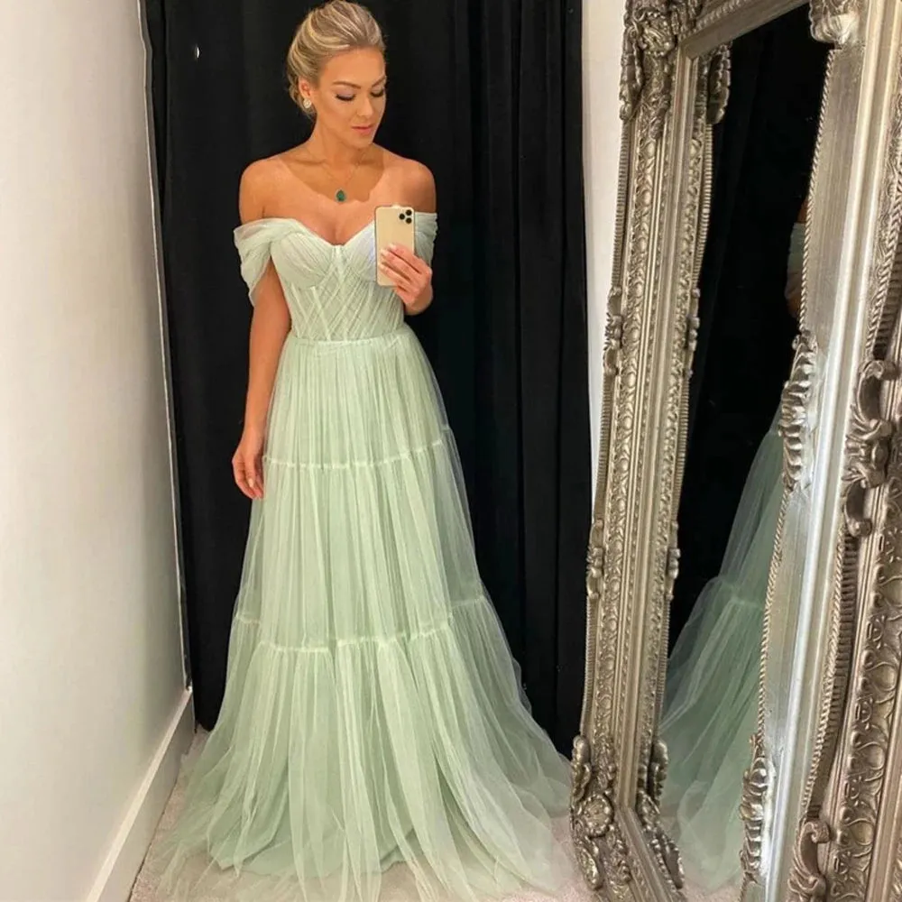 Light Green Tulle Long Prom Dresses Pleats Off the Shoulder Plus Size Women Party Gowns Tiered Evening Dress - Image 3