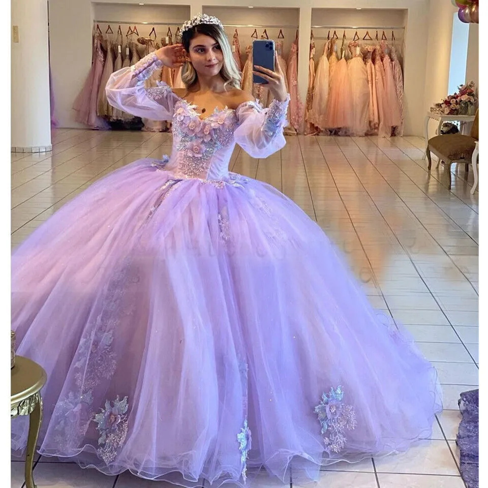 Lilac Quinceanera Dress Puffy Off-Shoulder Sleeves 3D Flowers Vestidos De 15 Anos Formal Party Prom Ball Gown - Image 3