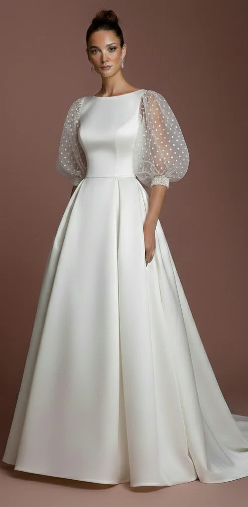 Polka Dot Sleeve Wedding Dress Long Tulle Fun Classic Gown - Image 2