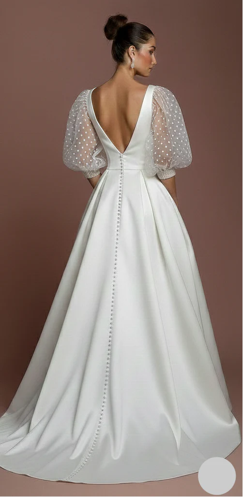 Polka Dot Sleeve Wedding Dress Long Tulle Fun Classic Gown - Image 3