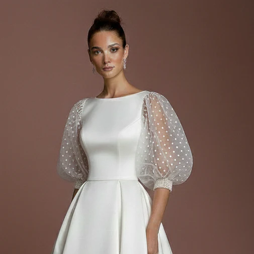 Polka Dot Sleeve Wedding Dress Long Tulle Fun Classic Gown - Image 4