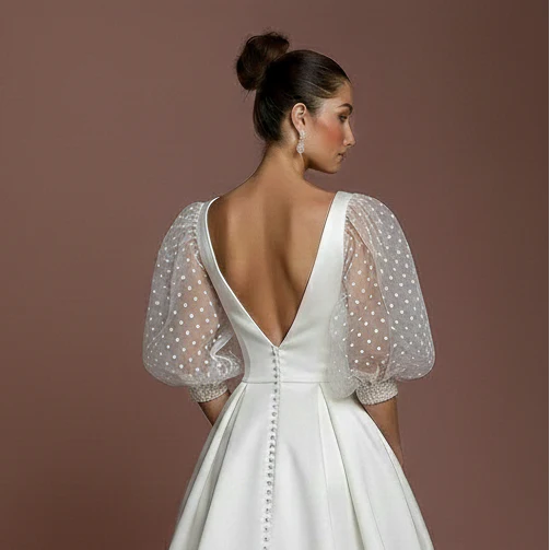 Polka Dot Sleeve Wedding Dress Long Tulle Fun Classic Gown - Image 5
