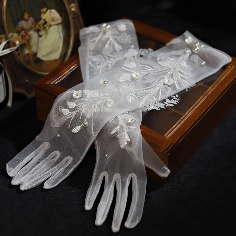 Long Bridal Gloves Vintage Flower Pearls Wristband Wedding Glove For Women Girl Party Evening Dress Jewelry Bride Accessories - Image 3