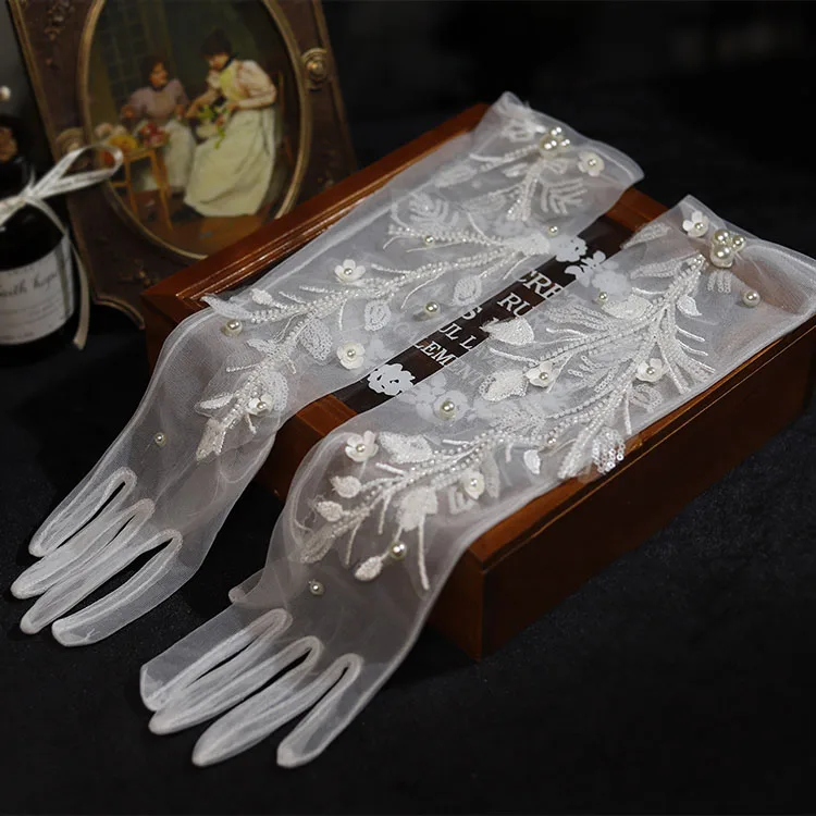 Long Bridal Gloves Vintage Flower Pearls Wristband Wedding Glove For Women Girl Party Evening Dress Jewelry Bride Accessories - Image 4