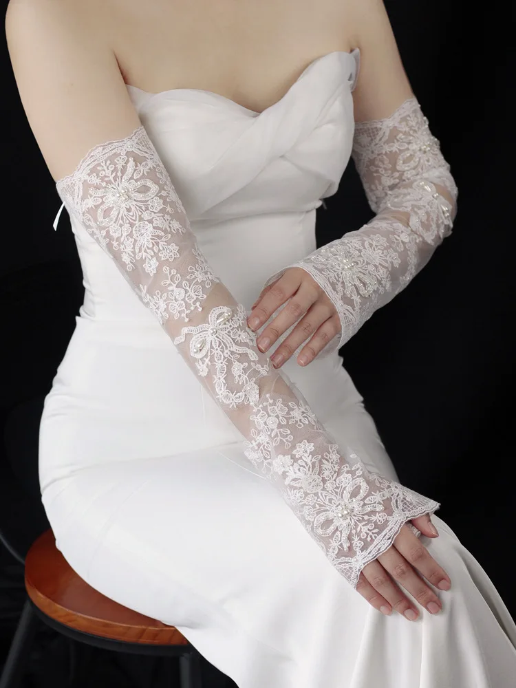 Long Bridal Gloves Vintage Flower Pearls Wristband Wedding Glove For Women Girl Party Evening Dress Jewelry Bride Accessories - Image 10