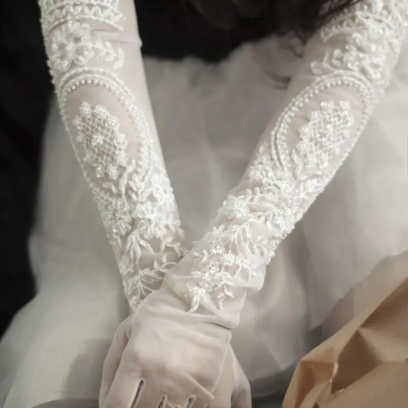 Long Bridal Gloves Vintage Flower Pearls Wristband Wedding Glove For Women Girl Party Evening Dress Jewelry Bride Accessories - Image 2