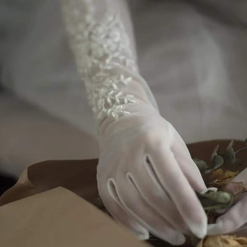 Long Bridal Gloves Vintage Flower Pearls Wristband Wedding Glove For Women Girl Party Evening Dress Jewelry Bride Accessories - Image 3