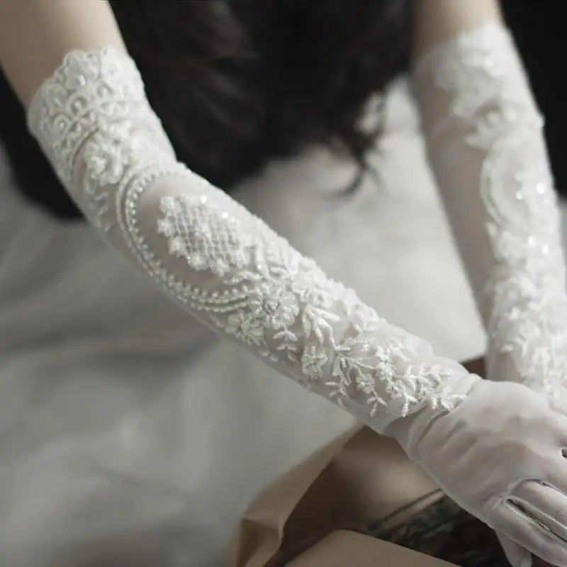Long Bridal Gloves Vintage Flower Pearls Wristband Wedding Glove For Women Girl Party Evening Dress Jewelry Bride Accessories - Image 7