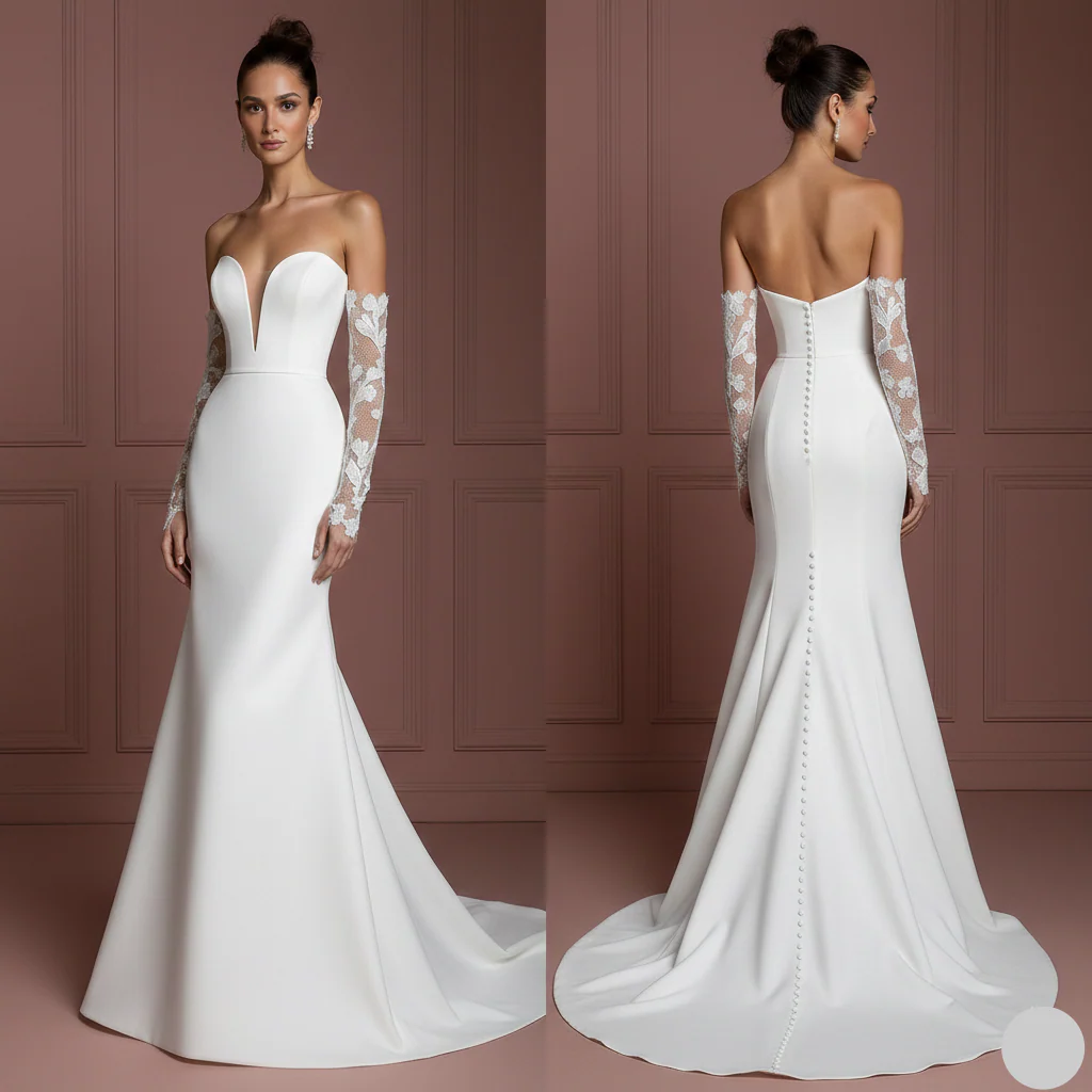 Embroidered Sleeve Wedding Dress Long Nature Inspired Wear
