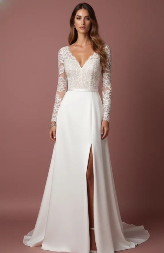 Wrap Wedding Dress Satin V-Neck Long Slit Leg Modern Style - Image 2