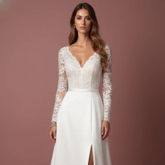 Wrap Wedding Dress Satin V-Neck Long Slit Leg Modern Style - Image 4