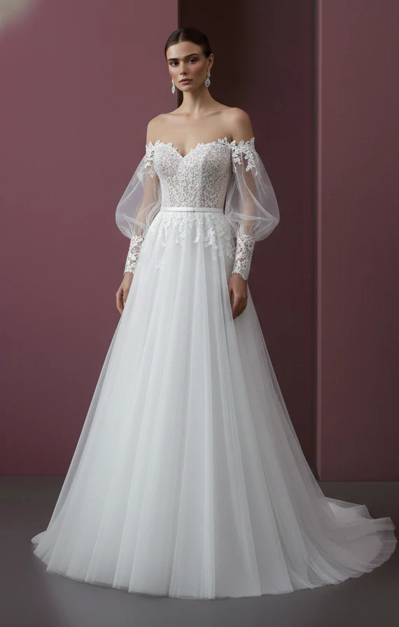 Champagne Wedding Dress Matte Fabric Long Classic A-Line Gown - Image 2