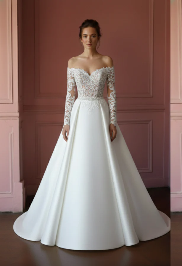Masterpost All Styles Lace Satin Long Tulle Bridal Gown - Image 2
