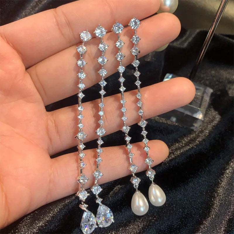 Long Pearl AAA Zircon Bridal Earrings CZ Zirconia Wedding Drop Earring For Brides Accessories Women Party Evening Dress Jewelry