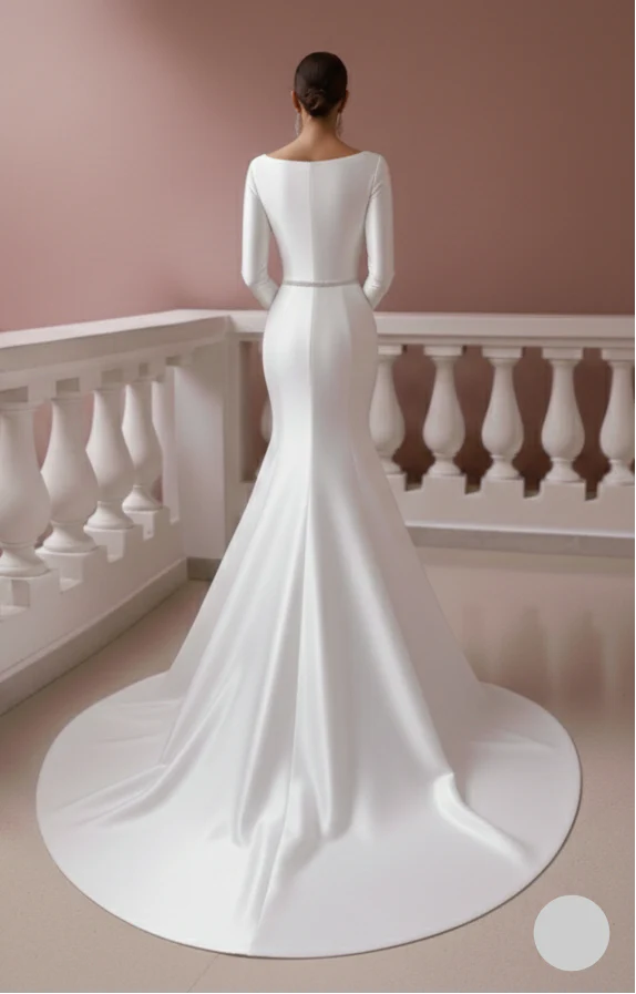 Formal Satin Wedding Dress With Pockets Long Boat Neck Bridal - Image 3
