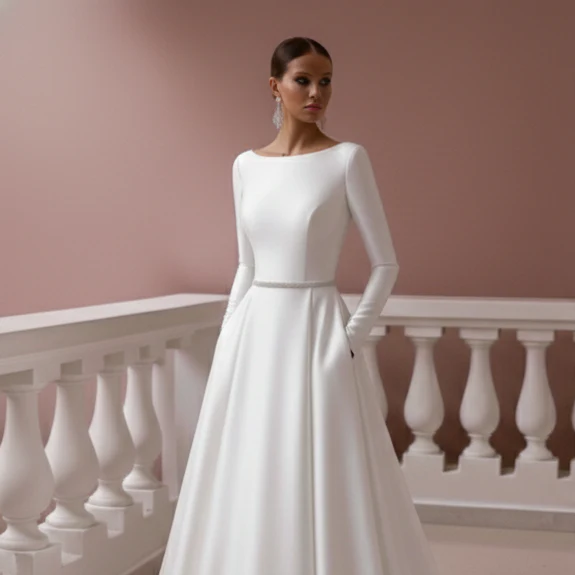 Formal Satin Wedding Dress With Pockets Long Boat Neck Bridal - Image 4